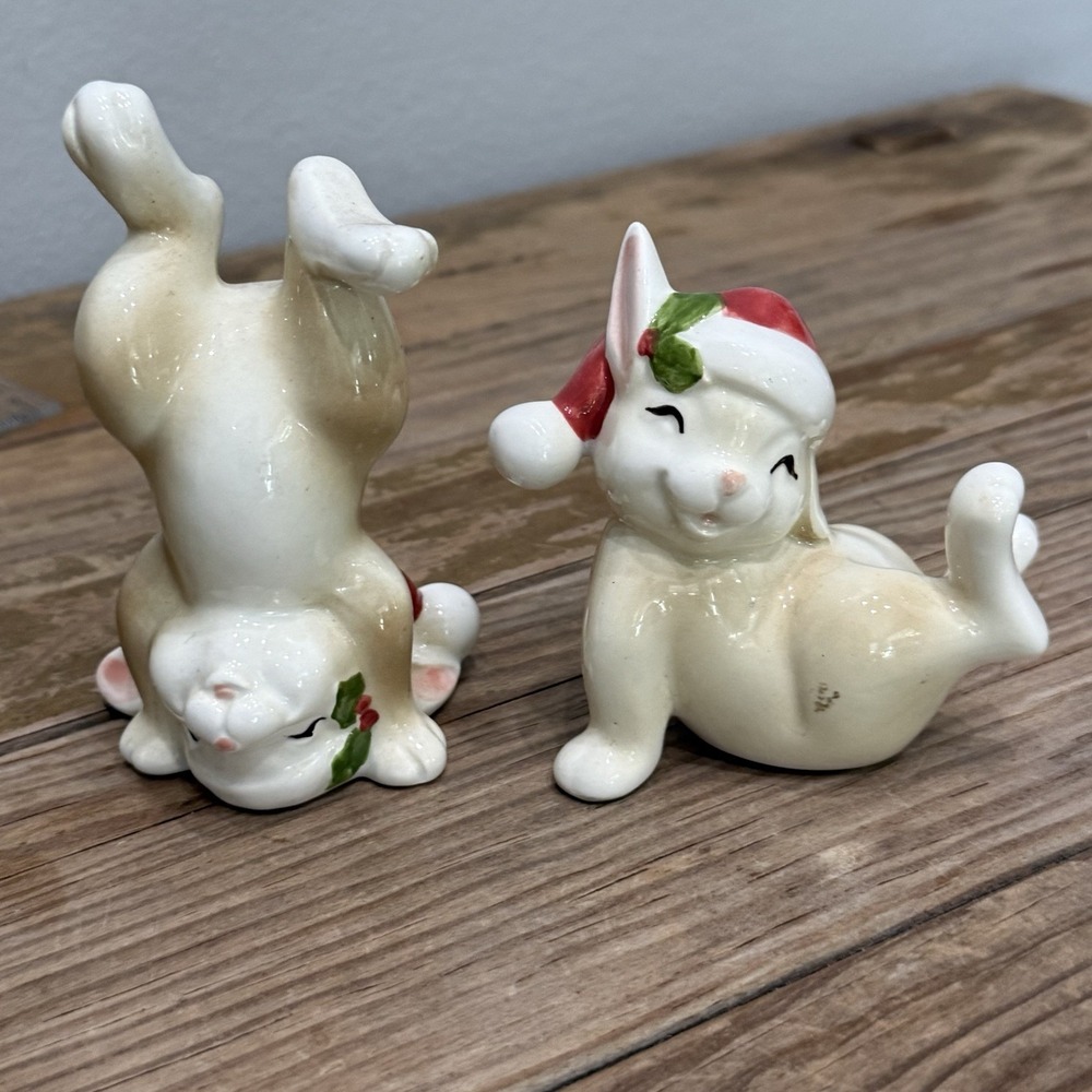 2 Vintage Japan ceramic Tumbling CHRISTMAS Bunnies Santa hat Rabbits